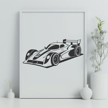 A high-performance racing car in motion, designed as a vector graphic for digital and print use.