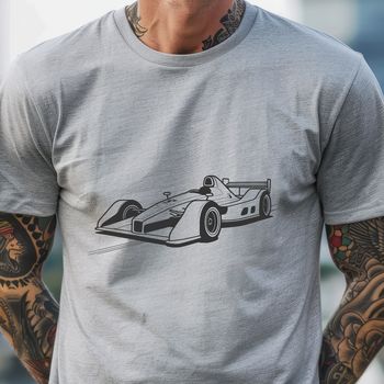 A detailed illustration of a sleek racing car with bold lines and dynamic curves.