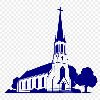 A detailed illustration of a traditional Protestant church building with a steepled roof and ornate details.