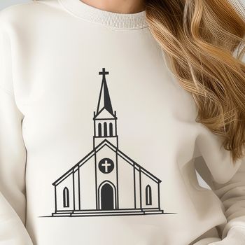 Illustration of a Baptist church building with a steeple and entrance.