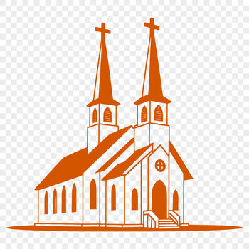 A stylized illustration of a church building with traditional architecture features.