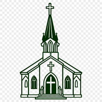A stylized illustration of a traditional Catholic church building with a prominent steeple and arched windows.