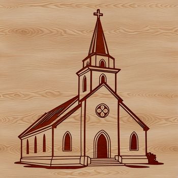 A traditional church building with a steeply pitched roof and stained glass windows, created as a vector graphic.