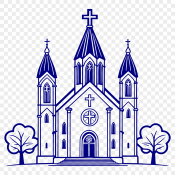 Catholic church building with architectural details and religious symbols in a vector design format.