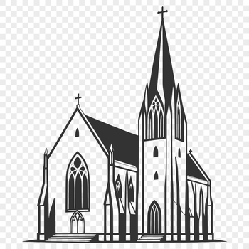 A detailed illustration of a traditional Christian church building with a tall steeple and ornate architecture.