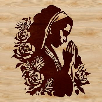 A detailed illustration of the Virgin Mary surrounded by ornate floral patterns, suitable for various uses.