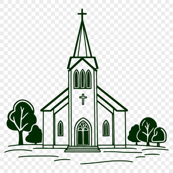 A detailed illustration of a church building with a steeple and stained glass windows.