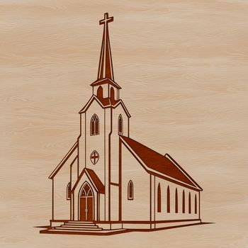 A detailed architectural illustration of a traditional Protestant church building with stone façade.
