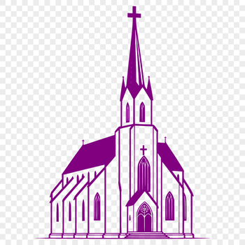 A simple illustration of a traditional church building with a prominent steeple.
