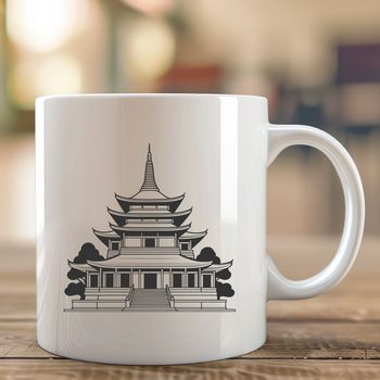 A detailed architectural design of a traditional Buddhist temple with intricate details and ornate features.