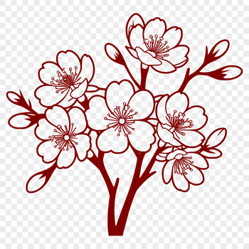 A detailed illustration of a blooming cherry blossom tree with pink flowers and green leaves.