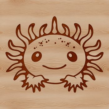 A stylized illustration of a salamander with feathery gills on its head.