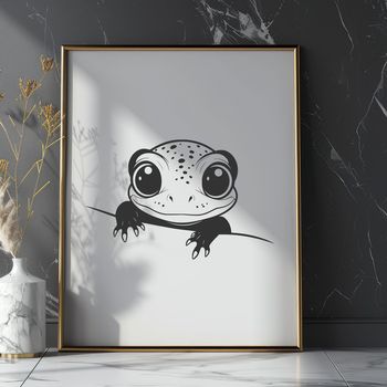 A colorful digital illustration of a salamander peeking out from behind a leaf.