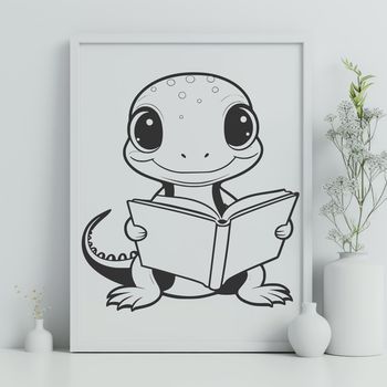 A salamander reading a book in a whimsical scene.