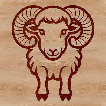 Illustration of a single ram on a farm landscape.