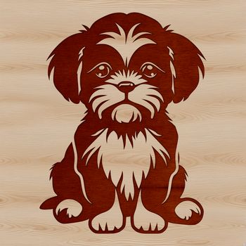 A small breed dog sitting on its haunches, with a calm expression.