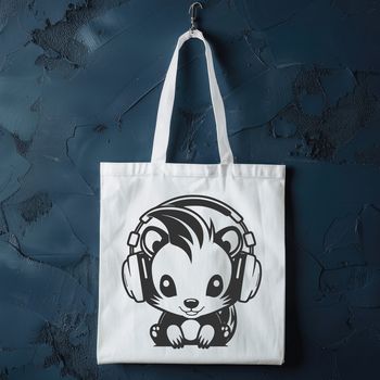 A cartoon illustration of a skunk with headphones on its head.