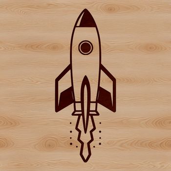 A stylized graphic representation of a rocket ship soaring through the cosmos.