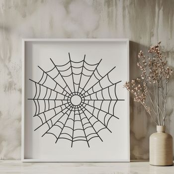A detailed vector representation of a spider web in black lines on a white background.