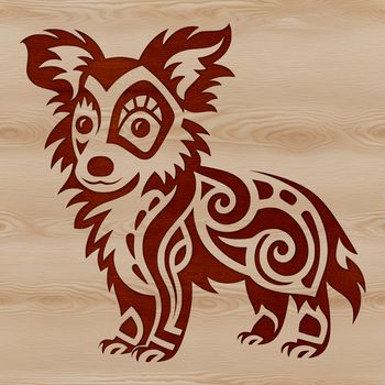 A standing Shetland sheepdog with intricate features.