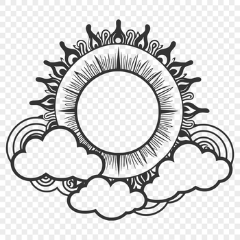 A stylized illustration of the sun with rays and clouds in the background.