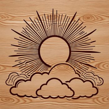 An illustrated sun with rays and a bright yellow center, suitable for graphic design.