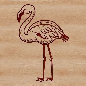 A stylized illustration of a flamingo standing on one leg in a natural habitat.