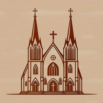 A detailed illustration of a church exterior with architectural features.