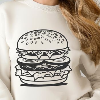 A digital illustration of a classic hamburger with cheese, lettuce, tomato, and condiments on a bun.