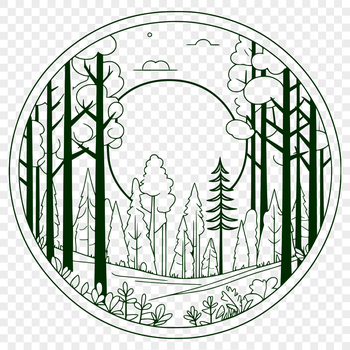 A stylized illustration of a dense forest with trees, foliage, and branches.