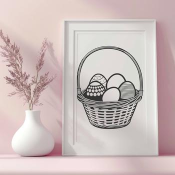 A digital illustration of a colorful Easter egg surrounded by spring flowers.