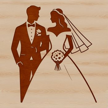 A stylized illustration of a bride and groom in a romantic setting, suitable for digital cutting machines and vector design.
