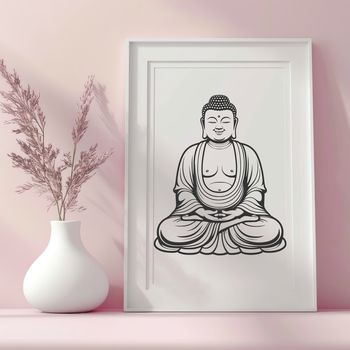 A detailed, hand-drawn illustration of the Buddha in a seated meditation pose.
