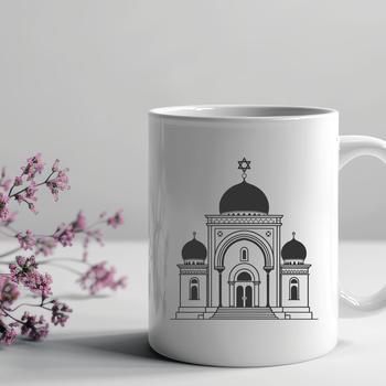 A stylized illustration of a synagogue architecture with arches and domes.