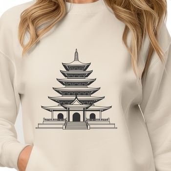 A detailed 2D representation of a traditional Buddhist temple with intricate architecture.