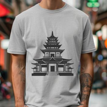 A detailed illustration of a traditional Buddhist temple with intricate architectural features and serene surroundings.