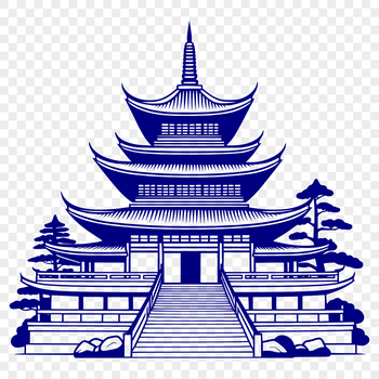 Illustrated Buddhist temple with ornate architecture