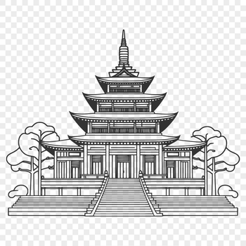 A stylized illustration of a traditional Buddhist temple with intricate details and ornaments.