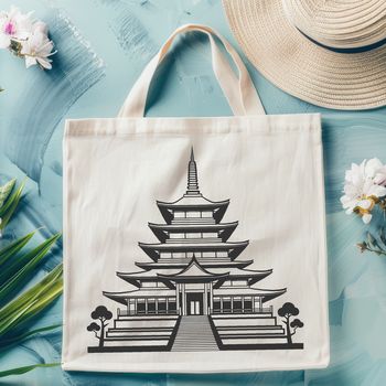A stylized representation of a traditional Buddhist temple with intricate design elements.