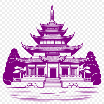 A 2D representation of a traditional Buddhist temple with intricate design elements.