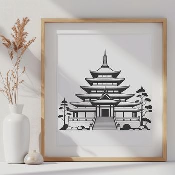 A detailed illustration of a traditional Buddhist temple with ornate architecture.
