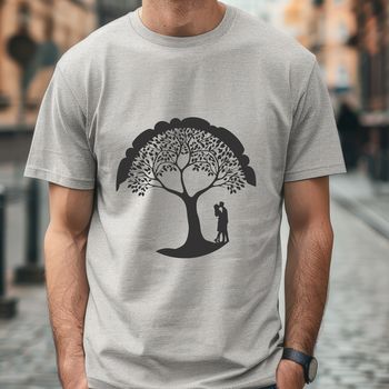 An ornate design of a tree featuring two embracing figures, ideal for use in wedding invitations or romantic decorations.