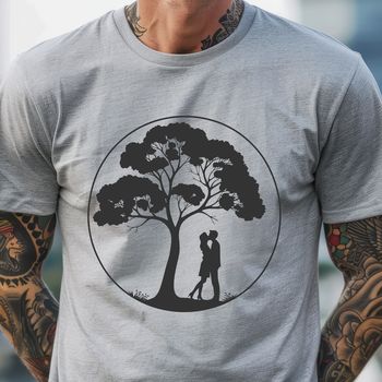 A pair of lovers embracing under a leafy tree branch, suitable for wedding decor or Valentine's Day designs.