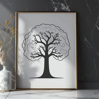 A detailed illustration of a tree with branching foliage.