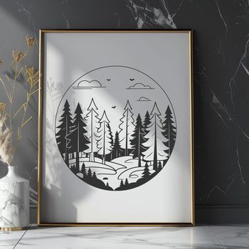 An editable vector design featuring a tranquil forest scene with tree silhouettes and foliage elements.