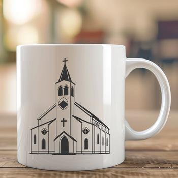 A simple, detailed illustration of a traditional church building with a tall steeple.