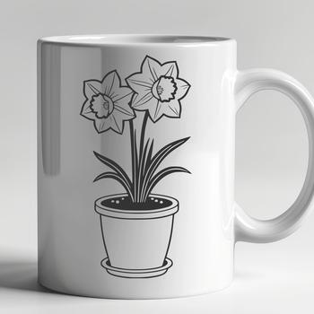 A yellow daffodil flower growing out of a white ceramic flower pot.