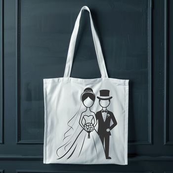 A bride and groom standing together in formal attire, with a subtle background pattern.