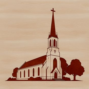 A simple illustration of a Protestant church building with a steeple and stained glass windows.