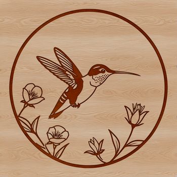 An illustration of a hummingbird perched on a branch amidst blooming flowers.
